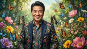 Hu Tao in a field of flowers and butterflies.