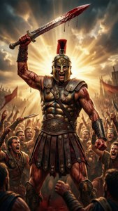 Triomfantelijke gladiator heft zwaard naar de brullende menigte in epische overwinnaarshouding