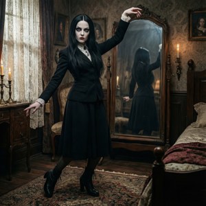 Wednesday Addams øver dans i et victoriansk soveværelse med spejl