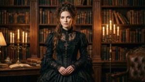 Katherine Lanasa in einer Vintage-Bibliothek mit Kerzen