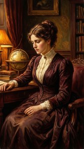 Een contemplatieve Victoriaanse vrouw in een bibliotheek behang met rijke amber tinten