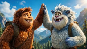 Two bigfoot friends high five in a mountain forest with pine trees and rocky peaks. — Smallfoot Picture