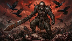 En mørk fantasy-kriger med et sværd står over besejrede dæmoner under en rød himmel.