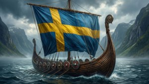 Fantasy digitalt maleri af et viking langskib med det svenske flag draperet over det.