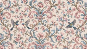 Papel de parede decorativo com videiras, flores e pássaros em tons pastéis suaves