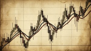 Un pattern di grafico azionario come una testa e spalle su uno sfondo di carta vintage.