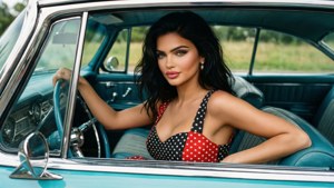 Kylie Jenner i en prickig klänning i en vintage bil