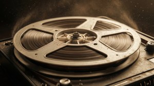 Close-up van een draaiende vintage filmrol met zwevend stof in warm licht.