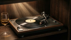 Un bodegón cálido con un tocadiscos y vino, esencia clásica de Murakami