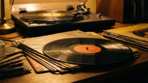Nostalgisk bordplate-scene med vintage vinylplater og platespiller i varmt lys