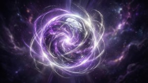 Un vortex cosmique violet et blanc lumineux dans une nébuleuse étoilée.