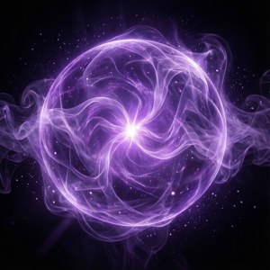 Un orbe violet mystique avec un centre lumineux et des traînées brumeuses.