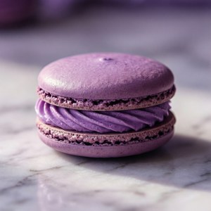 En violett macaron på en marmoryta med mjukt lila ljus.