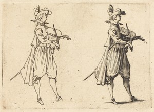 Violinist by Jacques Callot, created c. 1617, in etching on laid paper. Download this artwork as a high-resolution wallpaper for desktop, tablet, or mobile. — Jacques Callot Wallpaper