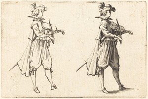 Violinist by Jacques Callot, created c. 1622, in etching on laid paper. Download this artwork as a high-resolution wallpaper for desktop, tablet, or mobile. — Art Wallpaper