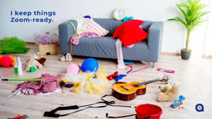 Messy living room with toys balloons and guitar scattered on floor.