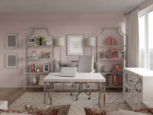 Rosa Büro mit weißem Schreibtisch Regalen Büchern und Laptop in der Nähe des Fensters — Ästhetischer Rosafarbener Desktop Wallpaper