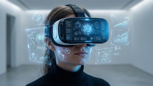 En person som bruker et VR-headset med holografiske grensesnitt som flyter rundt.