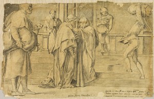 Visitation by Andrea del Sarto, created n.d., in Pen and black ink, and black crayon, on tan laid paper, laid down on tan laid paper, tipped on buff card. Downl — Andrea del Sarto Wallpaper