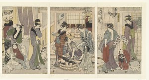 Visverkoper by Utagawa Toyokuni I, created 1801, in paper; color woodcut; nishiki-e. Download this artwork as a high-resolution wallpaper for desktop, tablet, o — Utagawa Toyokuni I Wallpaper