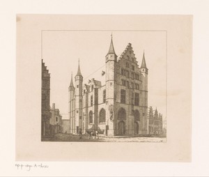Vleeshal by Jean Théodore Joseph Linnig, created 1849, in paper; etching. Download this artwork as a high-resolution wallpaper for desktop, tablet, or mobile. — Jean Théodore Joseph Linnig Wallpaper