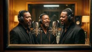 The Temptations em uma cabine de gravação vintage cantando.