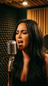 Demi Lovato dans un studio d'enregistrement avec micro vintage, éclairage ambré d'ambiance.