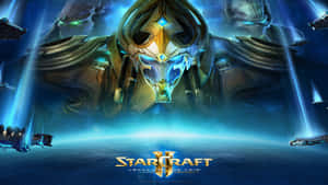 Alien warrior in golden armor with glowing blue eyes standing over a space battlefield. — Void Wallpaper