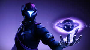 Futuristic armored figure holding glowing purple orb with ringed planet inside. — Void Wallpaper