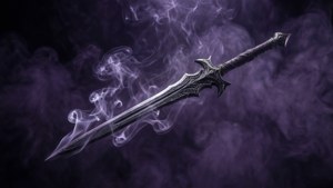 Ashbringer schwebt in einer dunkelvioletten Leere mit geisterhaften Aschefäden, minimalistisch