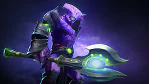 Purple armored warrior with glowing green weapon against starry cosmic backdrop. — Void Wallpaper