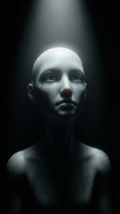 NPC-karakter i en dramatisk spotlight i mørke.
