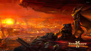 Warrior overlooking a ruined futuristic city at sunset — Void Wallpaper
