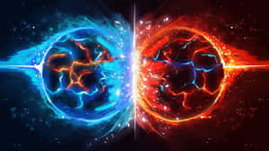 Two glowing spheres collide in space emitting radiant energy and sparks. — Void Wallpaper