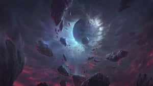 Astronaut floating among asteroids near a glowing planet in a colorful nebula. — Void Wallpaper