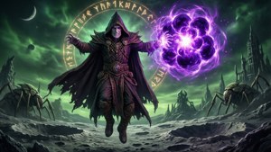 A dark-robed sorcerer levitates while casting a glowing purple spell in a ruined fantasy landscape. — Destiny Wallpaper