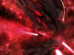 Red nebula with glowing projectiles and cosmic debris in space battle. — Void Wallpaper