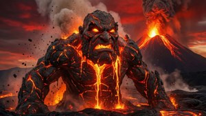 En lava-dækket Thwomp i en udbrudende vulkan.