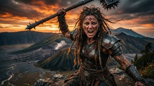 Ildfull bakgrunn av en tatovert kvinnelig berserker på en klippe med en stridsklubbe