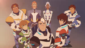 Seven anime characters in futuristic armor pose together in a sci-fi setting.