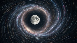 A surreal moon at the center of a galaxy vortex with light streaks. — Galaxy Moon Background