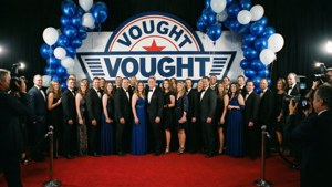 Una sontuosa ma inquietante gala aziendale Vought sotto il logo.