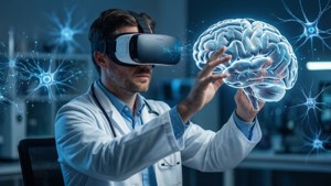 Neurologo che usa la realtà virtuale per interagire con un modello 3D del cervello in un laboratorio.