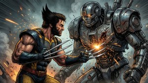 Wolverine kjemper mot en robotfiende med gnistrende klør i en barsk kampscene.
