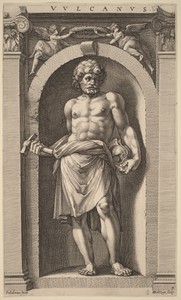 Vulcan by Hendrick Goltzius, created probably 1592, in engraving. Download this artwork as a high-resolution wallpaper for desktop, tablet, or mobile. — Hendrick Goltzius Wallpaper
