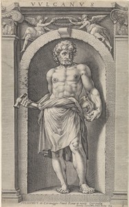 Vulcanus by Raffaello Guidi, created 1613, in paper; engraving. Download this artwork as a high-resolution wallpaper for desktop, tablet, or mobile. — Raffaello Guidi Wallpaper
