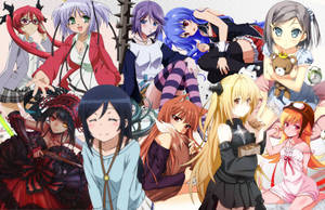 Group of anime girls in colorful outfits posing together.