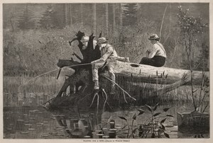 Waiting for a Bite by Winslow Homer, created 1874, in wood engraving. Download this artwork as a high-resolution wallpaper for desktop, tablet, or mobile. — Winslow Homer Wallpaper