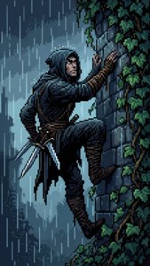 Pencuri pixel art memanjat dinding yang ditumbuhi ivy di tengah hujan.