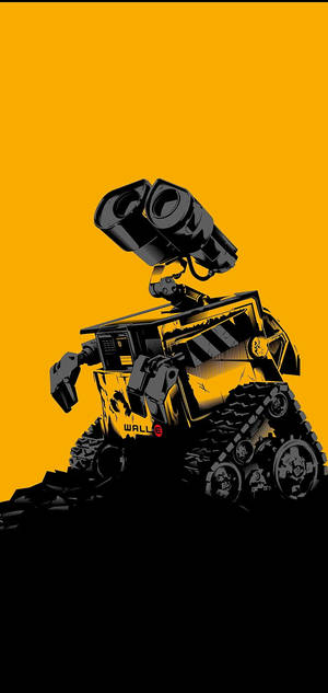 Schwarz-gelber Roboter Wall-E vor orangefarbenem Hintergrund.